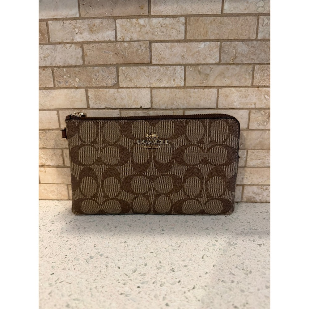 Coach Signature C Monogram Wristlet Zip Pouch Khaki Brown Gold Logo